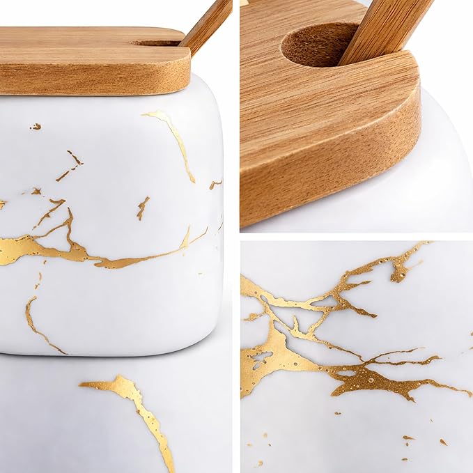 2 Sets of Marble Ceramic Seasoning Jars Ceramic Sugar Bowl with Lids，Tray and Spoons (white)