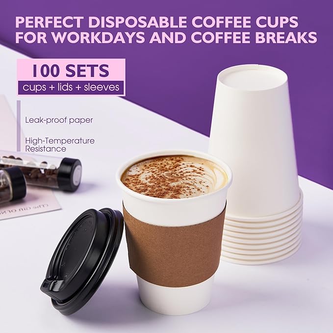 12 oz 50 Pack Disposable Coffee Cups with Lids and Sleeves, Coffee Paper Cups with Lids, To Go Beverage Drinking Cup for Coffee, Tea