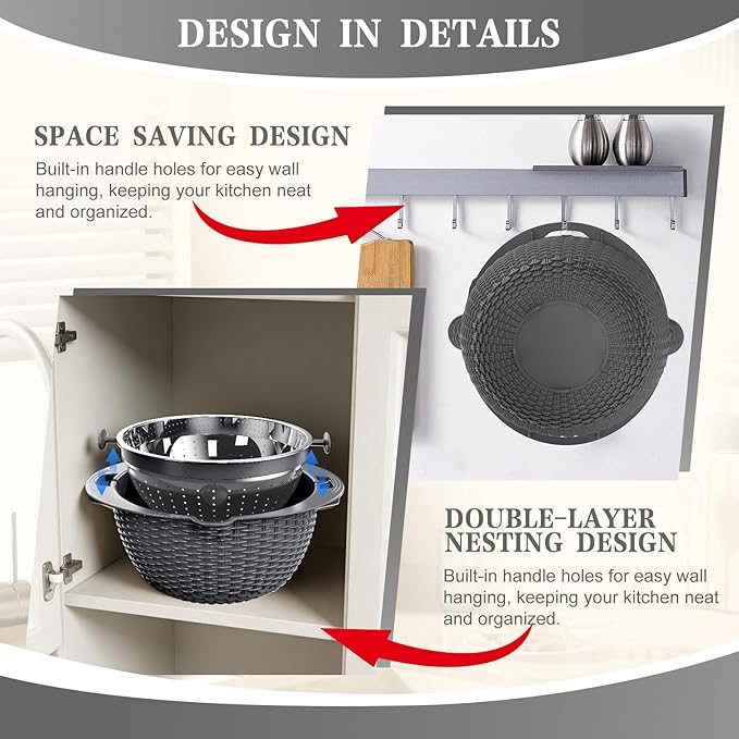 4-1 Colander with Lid Set - Rotatable Strainer With Bowl(Patented), Pasta Strainer with New Upgraded Graters, Strainer And Colanders, Fruit Cleaner, Veggie Wash, Apartment Kitchen Gadgets - Grey