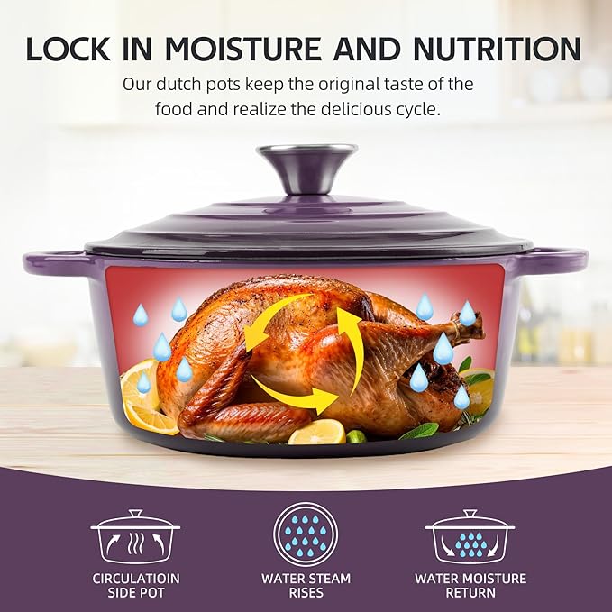 4 Quart Dutch Oven Enameled Cast Iron with Lid - Big Dual Handles - Oven Safe up to 500°F - Classic Round Pot for Versatile Cooking Purple