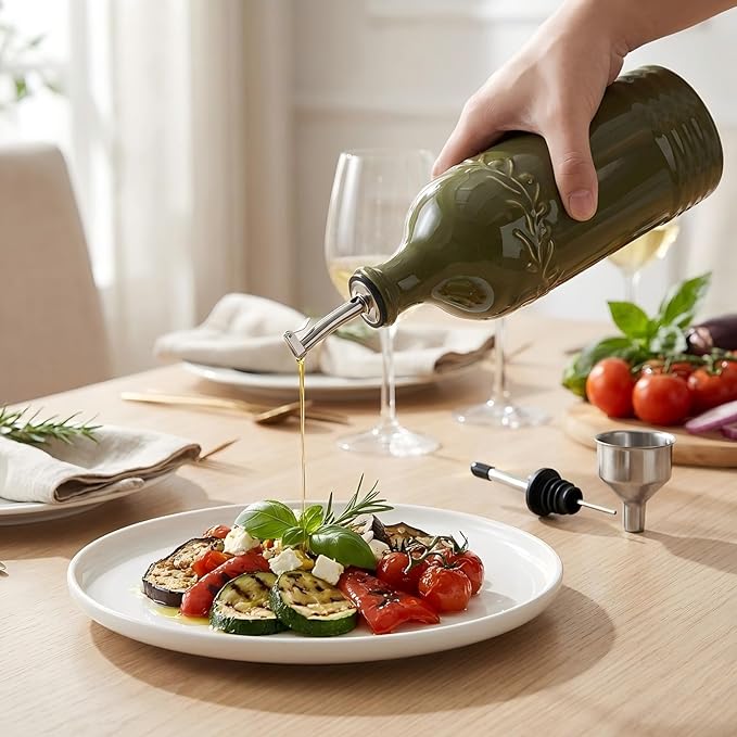 ONEMORE Ceramic Olive Oil Dispenser Bottle with Pour Spouts & Funnel, 17 oz Refillable Kitchen Oil Dispenser for Cooking, Drizzling, Dressing, Modern Leakproof Oil and Vinegar Dispenser, Olive Green
