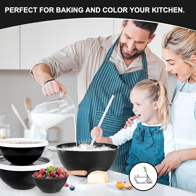 Plastic Mixing Bowls with Lids Set for Kitchen, Nesting Bowls for Mixing, Baking, Prepping, Cooking and Serving Food, Mixing Bowls Dishwasher, Microwave Safe (Black)