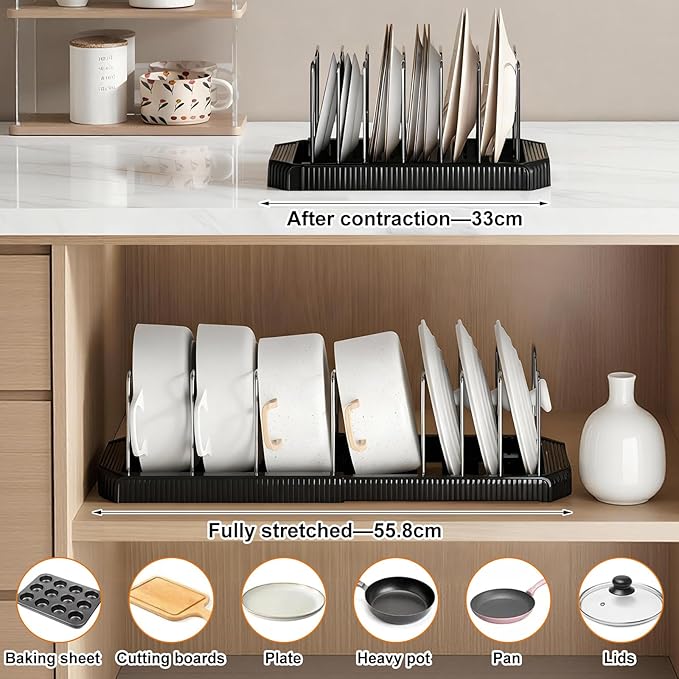 Pots and Pans Organizer Under Cabinet, 10-Slot Expandable Pot Rack Organizer with Cup Brush, Kitchen Pots and Pans Organizer for Cookware, Lids, Bakeware, Cutting Boards Tool-Free Installation (Black)