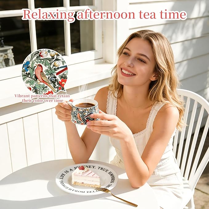 Ceramic Cup and Saucer Set, Luxurious Coffee/Tea Mug, Vintage Beautifully Printed Cups with Handle Practical Gifts for Women Housewarming/Birthday/New Year/Valentine's Day/Mother's Day, 8.8oz (Black)