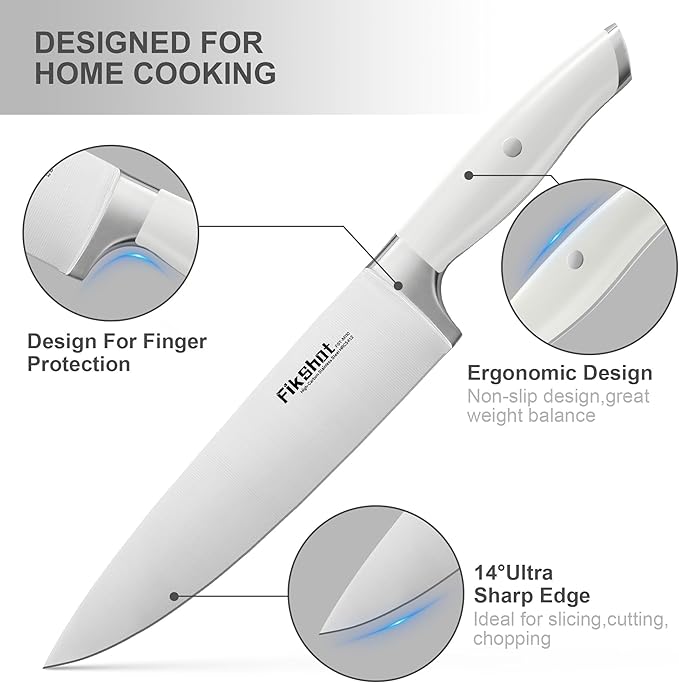 Knife Set 14-Piece Professional Chef Knives with Block and Sharpener, Elegant White Stainless Steel for Small Apartments, Modern Kitchens and Rental Homes, Dishwasher-Safe, Gift for Chefs