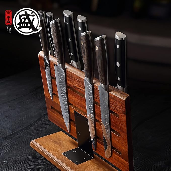 MITSUMOTO SAKARI Double Sided Magnetic Knife Block - 12.5" Acacia Wood Holder for Countertop, Heavy Duty Magnets Stands Holds Chef Knives, Sleek & Secure Storage