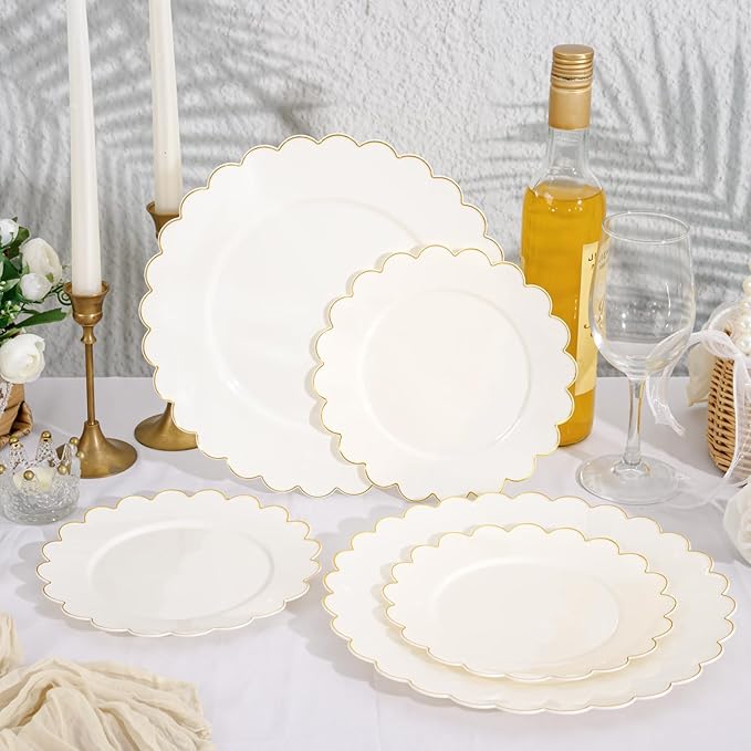 LIYH 120 Pcs Ivory Scalloped Plastic Plates Disposable - Ivory and Gold Plastic Plates - Gold Fancy Disposable Party Dinner & Dessert Plate for Wedding Birthday Easter Day
