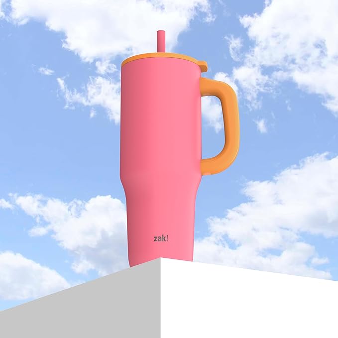 Zak Designs Sutton Travel Tumbler for On the Go, 40oz Stainless Steel with Vacuum Insulation, Silicone Straw, and Carry Handle for Cold Drinks (So Sweet Pink)