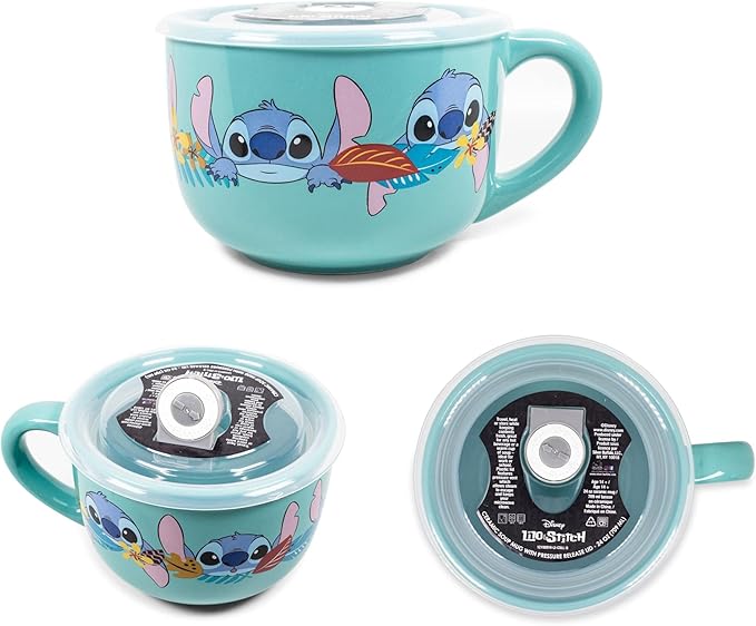 Silver Buffalo Disney Lilo and Stitch Aloha Various Faces Ceramic Soup Mug with Vented Plastic Lid, 24 Ounces