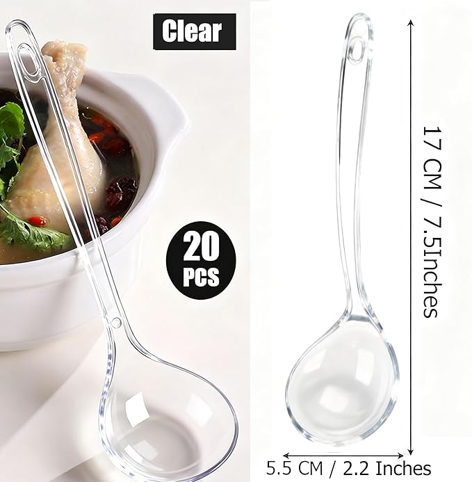 Large Plastic Serving Spoons,Disposable Heavy Duty Serving Spoons,Long Handle Scoop Soup Rice Ladle for Party Catering Buffet Restaurant,20 Pieces (Clear)