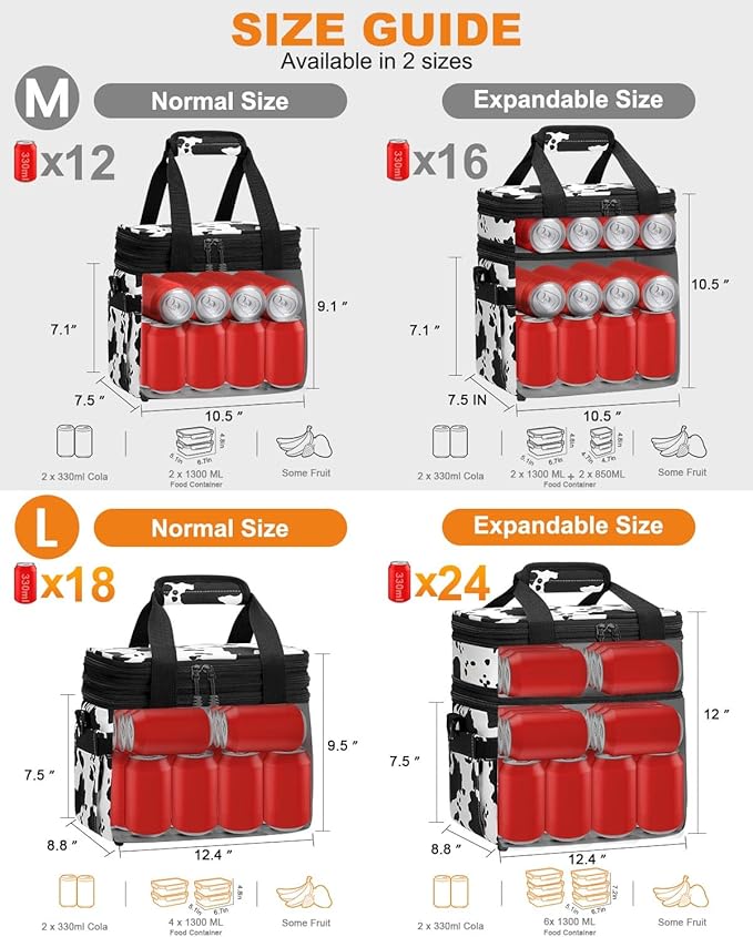 Lunch Box For Men Women Double Deck Insulated Lunch Bag For Men Woman Leakproof Expandable Cooler Bag with Adjustable Shoulder Strap for Kids Shool Work Picnic Camping(Cow Print,Large)