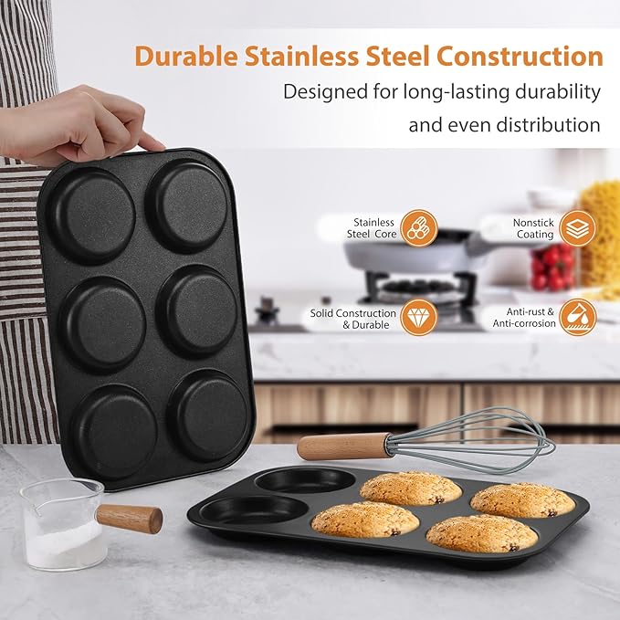 E-far Muffin Top Pan, Nonstick 6-Cavity Shallow Cupcake Pan for Baking Whoopie Pie, Yorkshire Pudding, Eggs, Cornbread, Drop Cookies, Easy Release & Clean, 3-Inch Standard Size