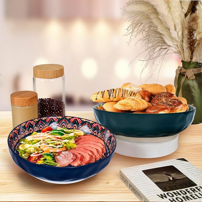Large Serving Bowls, 10 inch Porcelain Bowls, 75 Oz Fruit Salad Soups & Pasta Bowls for Entertaining, Dinner, Party - Stylish Decorative Dishes, Set of 2, Microwave & Dishwasher Safe - GREEN
