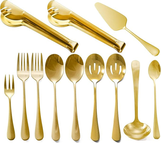Gold Serving Utensils, 12 Pcs Stainless Steel Buffet Serving Utensil with Serving Spoon Slotted Spoons Serving Forks Soup Ladle Serving Tongs Pie Server, Utensils Set Great for Banquet