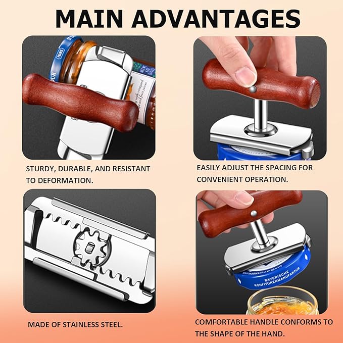 Jar Opener, Cap Crack Opener - Jar Opener for Weak Hands, Adjustable Multifunctional Jar Lid Opener - Easy to Grip and Open for Stuck Jars, Bottles & Lids (Wooden)