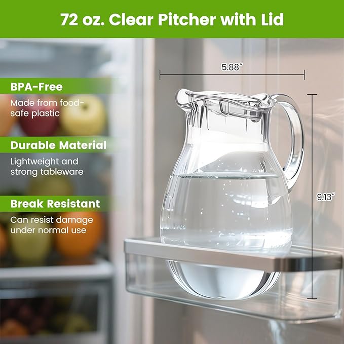 Middle Size Clear Plastic Pitcher with Lid (72 oz), Unbreakable Water Pitcher with Handle, Fridge Jug, BPA-Free, Shatter-Proof, Great for Iced Tea, Sangria, Lemonade, Juice, Milk, and More