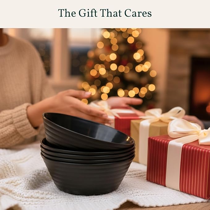 Homienly 6 PCS Large Bowl Set, Lightweight and Unbreakable Wheat Straw Bowls for Salad,Soup,Cereal, Microwave Safe 50 OZ Big Bowls Set, Stackable Kitchen Dining Essentials - Black