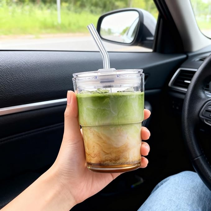 13oz/400ml Glass Water Tumbler with Straw and Lid Sealed Carry On Thick Wall Iced Coffee Cup Glass Cup for Water, Iced Tea Fruit Juice Etc(Aurora White