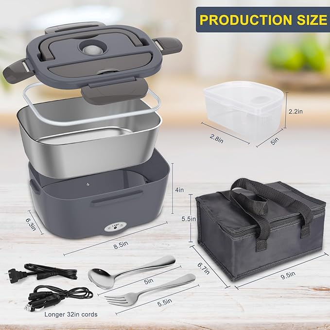 Electric Lunch Box Food Heater for Adults 80W Portable Food Warmer for Car/Home 1.5L Heated Lunch Box for Adults, 12V/24V/110V Loncheras para Hombres de Trabajo lonchera eléctrica portátil