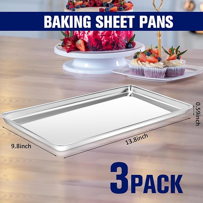 3 Pcs Baking Sheet Pan Set Stainless Steel Cookie Sheet Small Toaster Oven Pans Tray Barbecue Grill Pan Rectangle Trays Oven Freezer Bakery, Non-stick, Easy Clean, 13.8 × 9.8 × 0.6 Inches