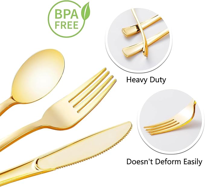 100 Pack Pre Rolled Gold Plastic Silverware Set,Wrapped Plastic Cutlery Set with Napkin Include 100 Forks,100 Spoons,100 Knives and 100 White Napkins for Party, Wedding,Christmas
