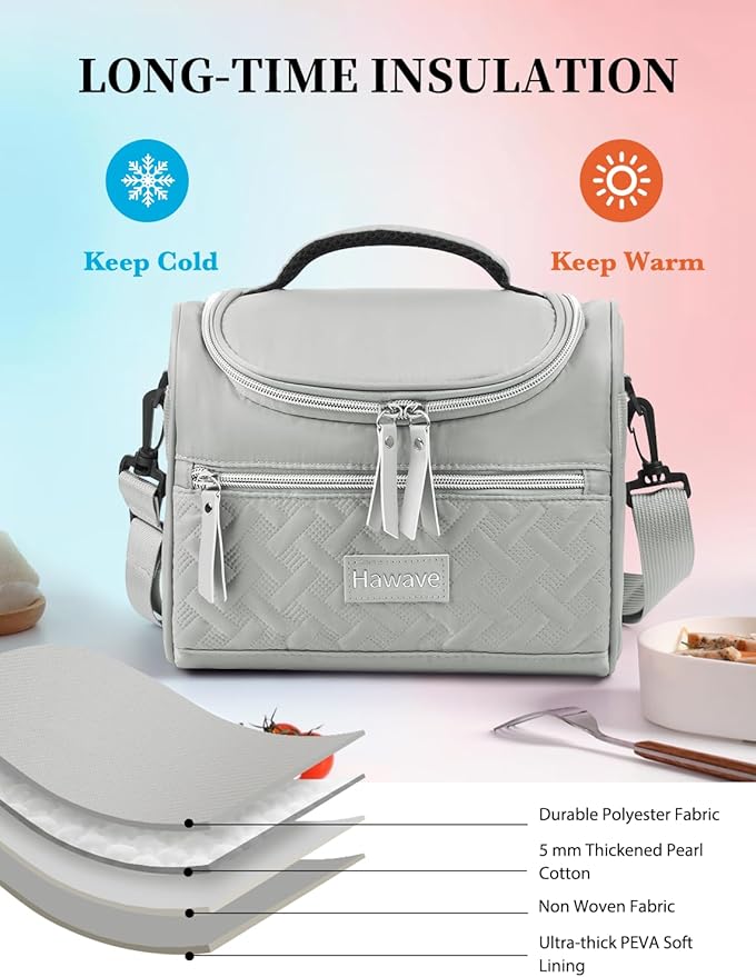 Lunch Bag for Women Men Adult Insulated Lunch Box, Leakproof Lunch Cooler Bag with Front Pocket & Adjustable Shoulder Strap, Reusable Large Lunch Tote Bag for Work Office Travel Picnic, Grey