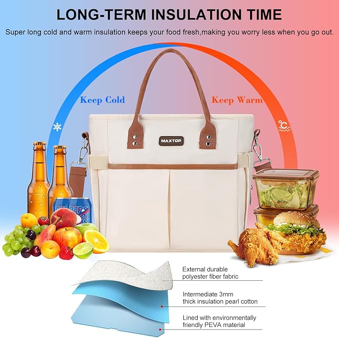 MAXTOP Lunch Bag Women for Work Insulated Thermal Lunch Box with Wide-Open Pocket Reusable Leakproof Cooler Bags with Removable Shoulder Strap for Teacher Nurse Office Picnic Travel XL-Brown