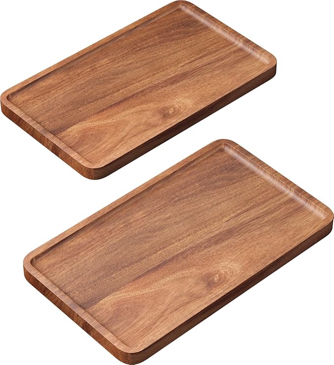 2 Pack Acacia Wood Serving Tray,9.8x5.9 Inch Decorative Trays Platter for Coffee Table,Living Room,Bar,Party,Mini Charcuterie Boards Cheese Board,Home Decor