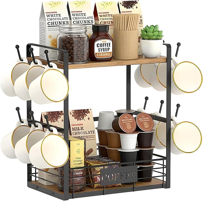 Coffee Mug Rack with 12 Hooks, 2-Tier Coffee Cup Holder with Shelf and Storage Basket, Kitchen Mug Organizer for Bar Kitchen Déco
