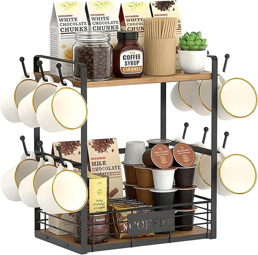 Coffee Mug Rack with 12 Hooks, 2-Tier Coffee Cup Holder with Shelf and Storage Basket, Kitchen Mug Organizer for Bar Kitchen Déco