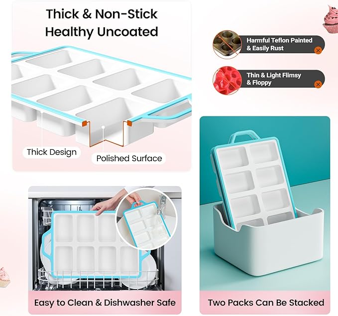 SJ Silicone Mini Loaf Pans with Metal Reinforced Frame-2 Pack, Non-stick Silicone Mini Bread Loaf Pans for Baking 8-Cavity, Tiny Banana Bread Set, Dishwasher Safe Brownie Pan-Blue