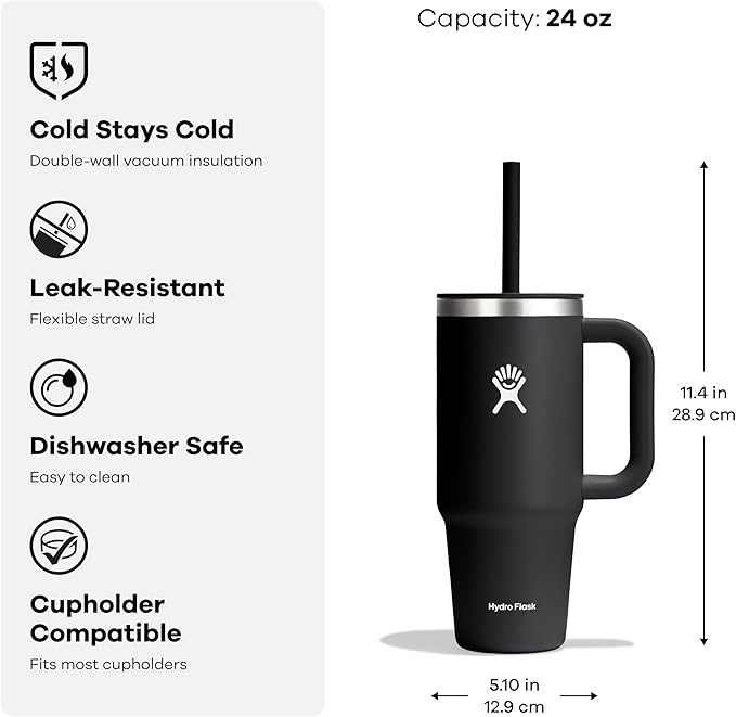 Hydro Flask Travel Tumbler with Handle, Lid and Straw - Insulated Stainless Steel in 24 Oz Cascade