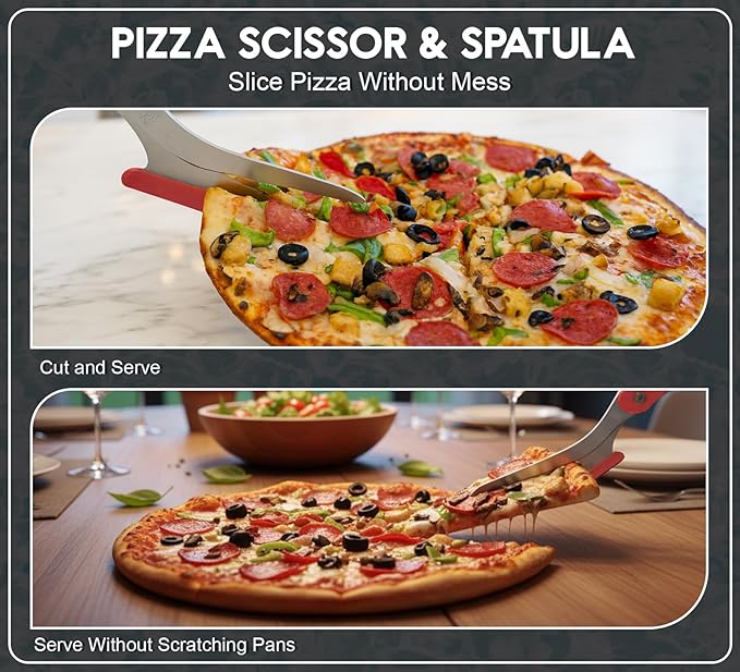 Pizza Scissors with Non Stick Slice Server. Sharp Pizza Cutting Without Topping Mess.Firm Grip, Food Grade Stainless Steel Pizza Cutter. Dishwasher Safe. 4 in 1 Kitchen Scissors