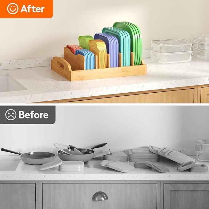 Lifewit Bamboo Lid Organizers for Inside Cabinet, Food Storage Container Lid Holder with 5 adjustable Inserts & 6 Compartments, Lid Storage for Kitchen Pantry Organization, 13.2" x 10"/34 x 25cm