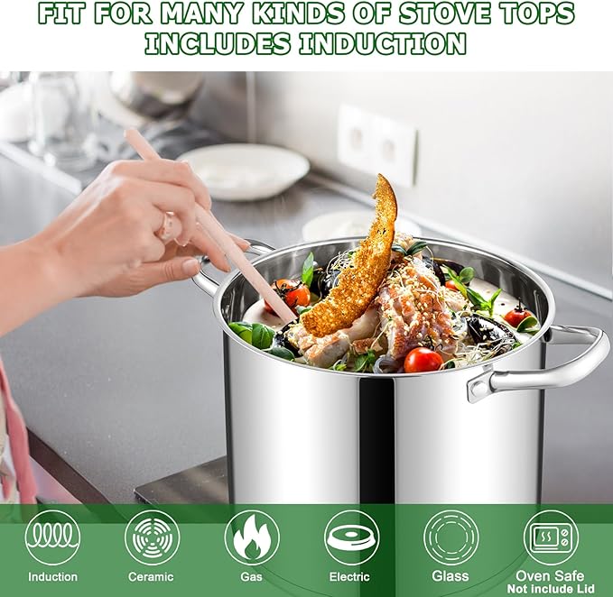 TeamFar 10QT Stock Pot, Stainless Steel Large Soup Cooking Pot & Lid with Tri-ply Bottom for Cooking/Boiling/Stewing, for Induction/Gas/Ceramic, Healthy & Heavy-Duty, Riveted Handles & Dishwasher Safe