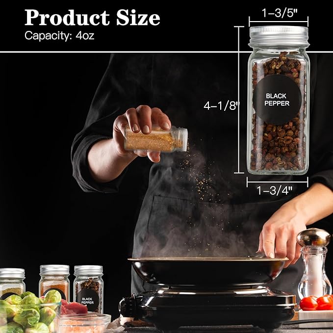 DkOvn 48pcs Glass Spice Jars, 4oz Empty Spice Jars with Metal Caps, Labels, Shaker Lids, Collapsible Funnel, Chalk Pen, Seasoning Organizer for Spice Rack