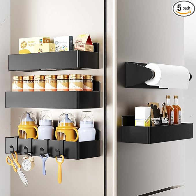 Magnetic Spice Rack for Refrigerator,5 Pack Magnetic Shelf,Fridge Magnet Organizer with Paper Towel Holder,Fridge Organizers and Storage Black(5 Pack)