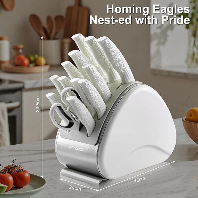 RAXCO Knife Set,15-Piece Stainless Steel Kitchen Knives with Block for Professional Cutting,White