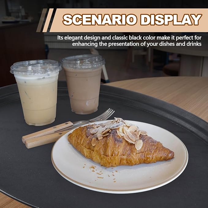 2 Pcs Restaurant Serving Trays PP Plastic Non Slip Rubber Lined Large Oval Tray for Kitchen Dining Room Cafeterias Fast Food Service (25 x 20 Inch,Black)