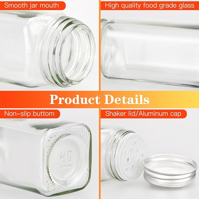 DkOvn 48pcs Glass Spice Jars, 4oz Empty Spice Jars with Metal Caps, Labels, Shaker Lids, Collapsible Funnel, Chalk Pen, Seasoning Organizer for Spice Rack