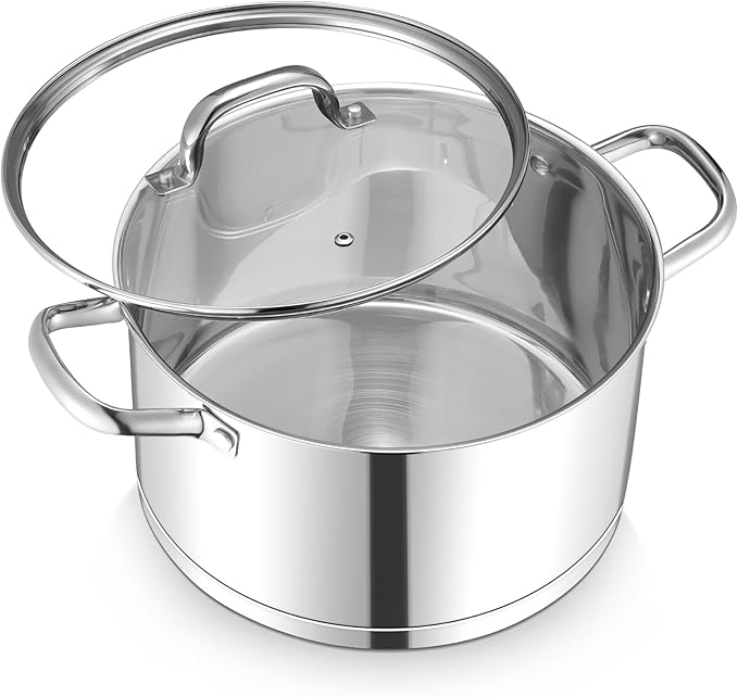 TeamFar 8QT Stock Pot with Lid, Stainless Steel Tri-ply Bottom Cooking Pot for Vegetable Pasta Soup, Works with Induction/Gas/Glass/Ceramic Stoves, Non-toxic & Sturdy, Straight Side & Riveted Handles