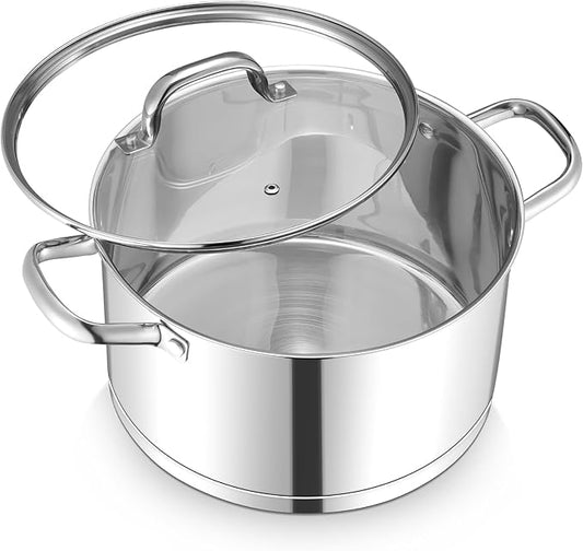 TeamFar 8QT Stock Pot with Lid, Stainless Steel Tri-ply Bottom Cooking Pot for Vegetable Pasta Soup, Works with Induction/Gas/Glass/Ceramic Stoves, Non-toxic & Sturdy, Straight Side & Riveted Handles