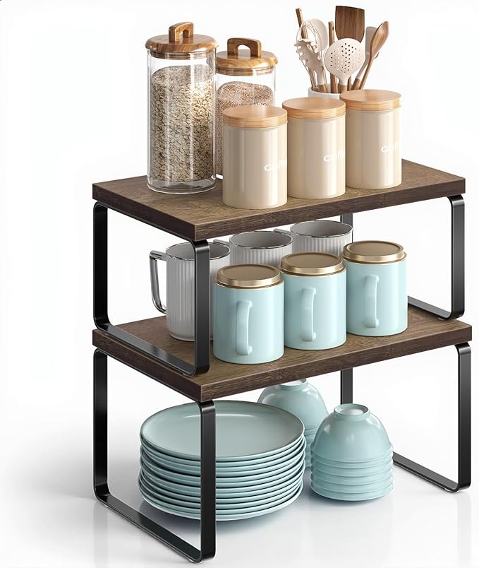 HOOBRO Cabinet Organizer Shelf, Set of 2 Kitchen Counter Shelves, Expandable Kitchen Storage, Stackable Bamboo Spice Rack, for Kitchen, Countertop, Office Desk, Bathroom, Mocha and Black CB30TL01