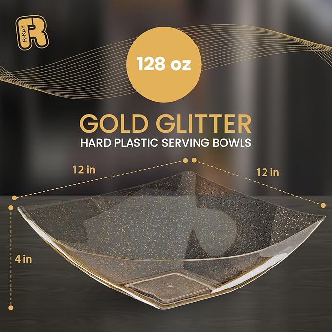 R-kay 6 Pack Extra Large Gold Glitter Serving Bowl - 128 Ounce Gold Plastic Serving Bowls For Entertaining - Plastic Bowls For Salads And Snacks - Disposable bowls For All Occasions