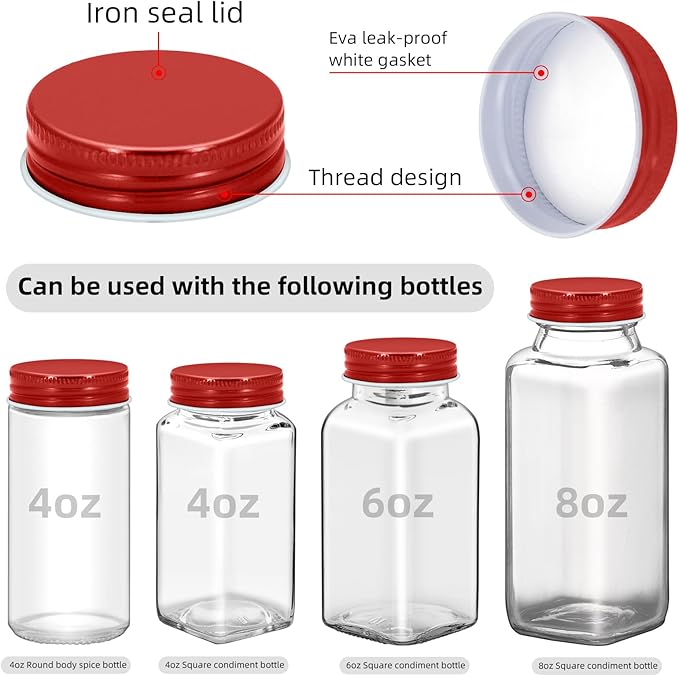 48 Pcs iron Jar Lids Lids for 4 oz and 6 oz Square Spice Jars Reusable Can Airtight Spice Storage Canning Lids for Nice Sealing Kitchen (Red)