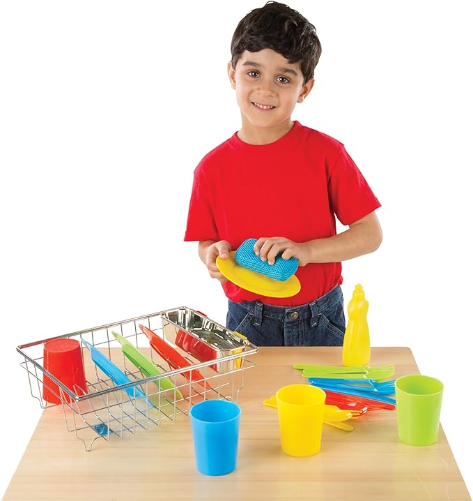 Melissa & Doug Wash and Dry Dish Set - 24 Pieces Kids Play Dishes, Play Kitchen Accessories, Toy Dishes for Kids Kitchen Ages 3+