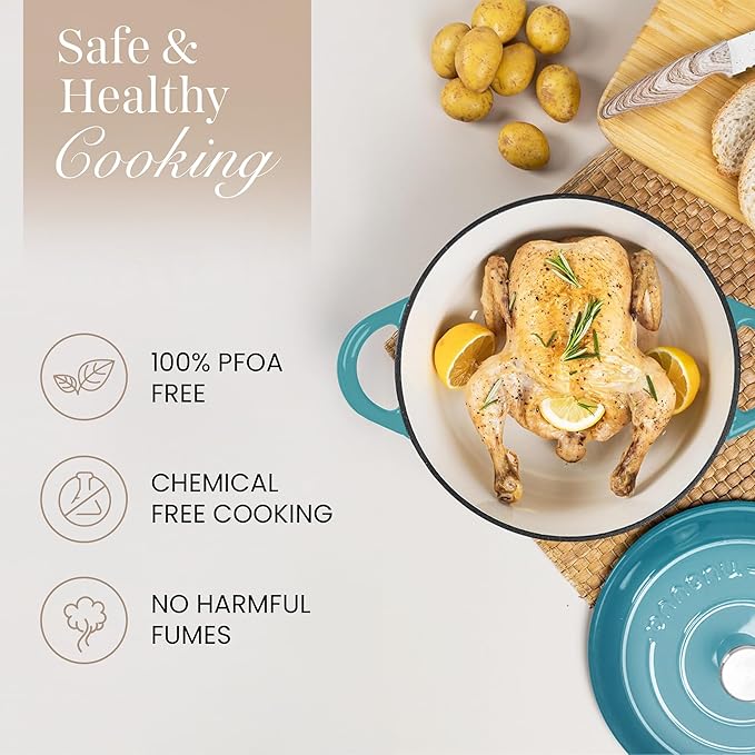 Cast Iron Dutch Oven with Lid – Non-Stick Ovenproof Enamelled Casserole Pot – Sturdy Dutch Oven Cookware – Teal, 5-Quart, 24cm – by Nuovva