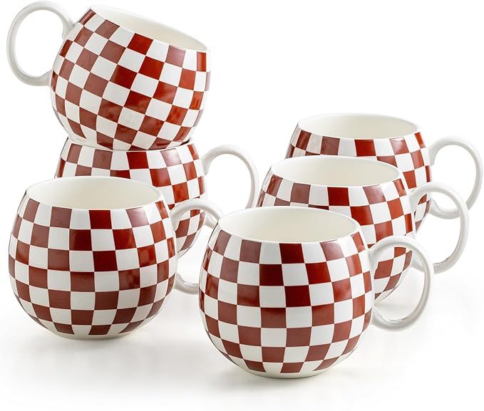 LAUCHUH Porcelain Coffee Mugs - 18 Ounce Large Mug Set of 6 Coffee Cups with Handle for Mother's Day, Tea Latte Cappuccino Milk Cocoa, Dishwasher & Microwave Safe, Brown and White