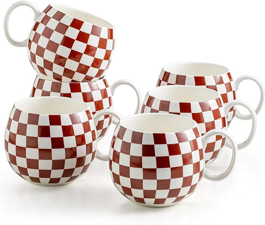 LAUCHUH Porcelain Coffee Mugs - 18 Ounce Large Mug Set of 6 Coffee Cups with Handle for Mother's Day, Tea Latte Cappuccino Milk Cocoa, Dishwasher & Microwave Safe, Brown and White