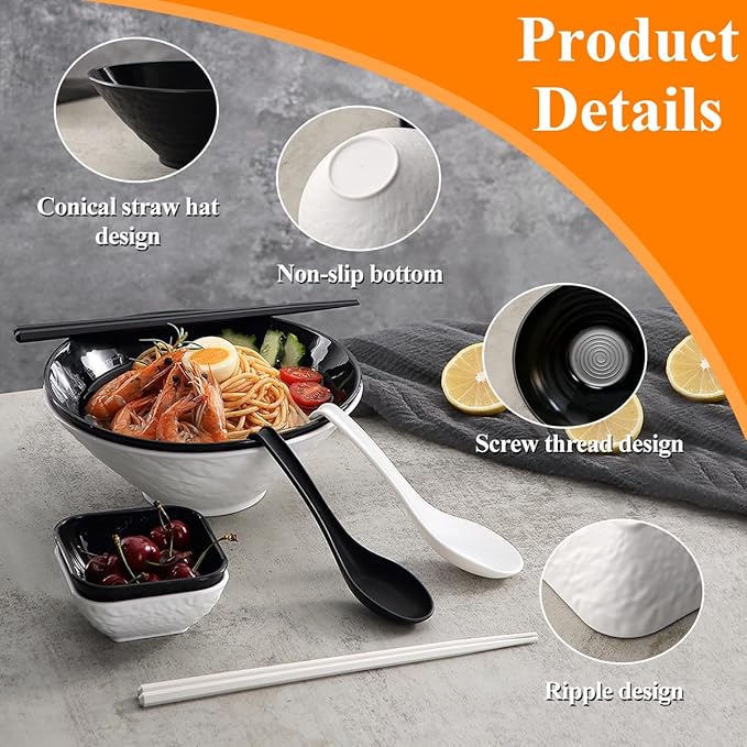 Kyraton Ramen Bowl Set 40oz with Chopsticks Dipping Bowls and Spoons: 2 large Unbreakable Japanese Style Plastic Noodle Soup Bowls for Asian Pho Soup Thai Miso Udon Wonton (Black, White)